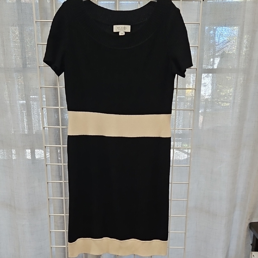 St. John Black Knit Midi Dress with Cream Bands